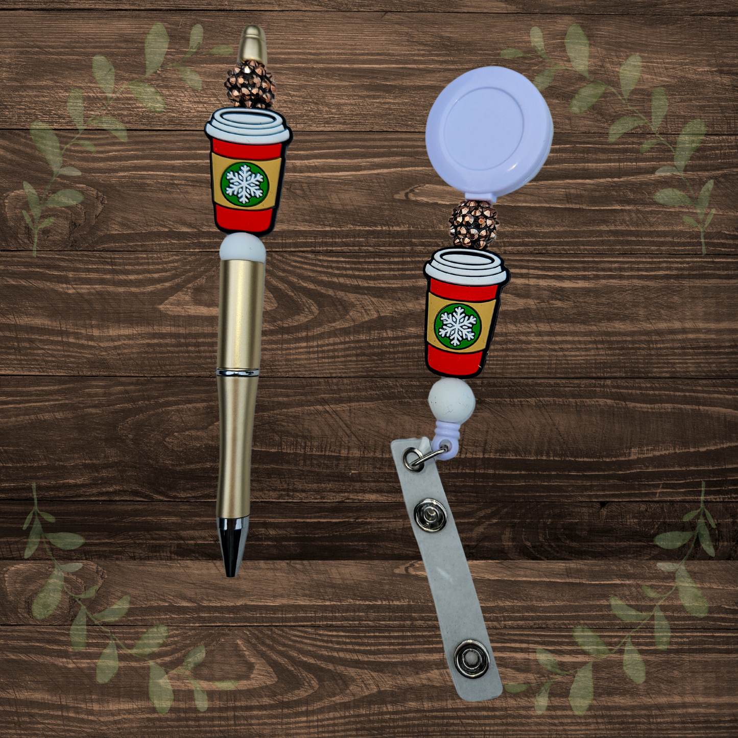 Christmas Coffee Beaded Pen & Badge Reel Gift Set