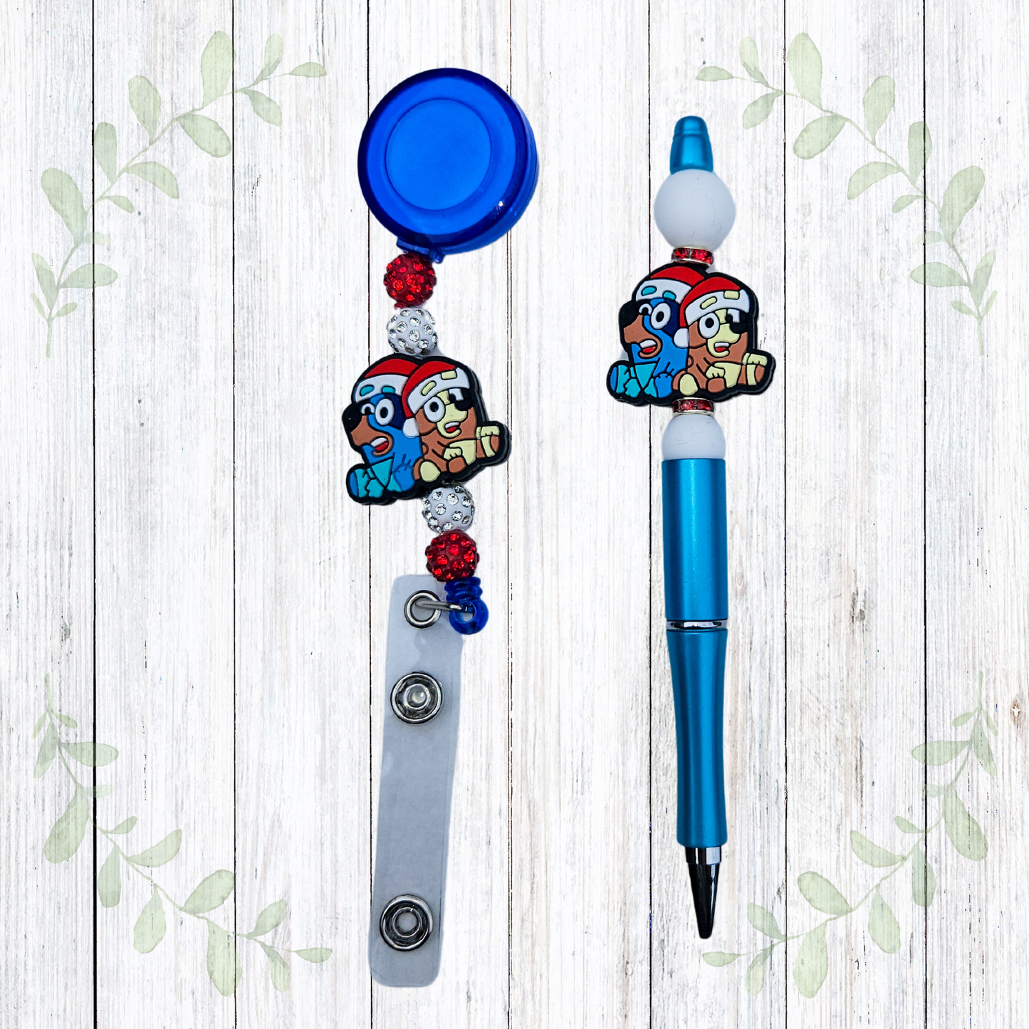 Christmas Blue Dog Beaded Pen & Badge Reel Gift Set